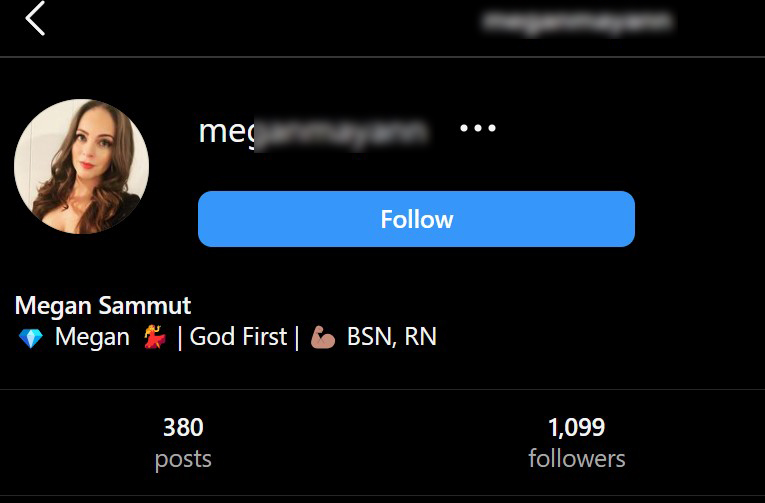 Screenshot of Megan Sammut's Instagram page. It reads "God First" and "BSN, RN" - Bachelor of Science in Nursing and Registered Nurse.