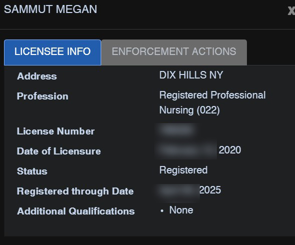 Megan Sammut's registration with the State of New York as a Registered Nurse