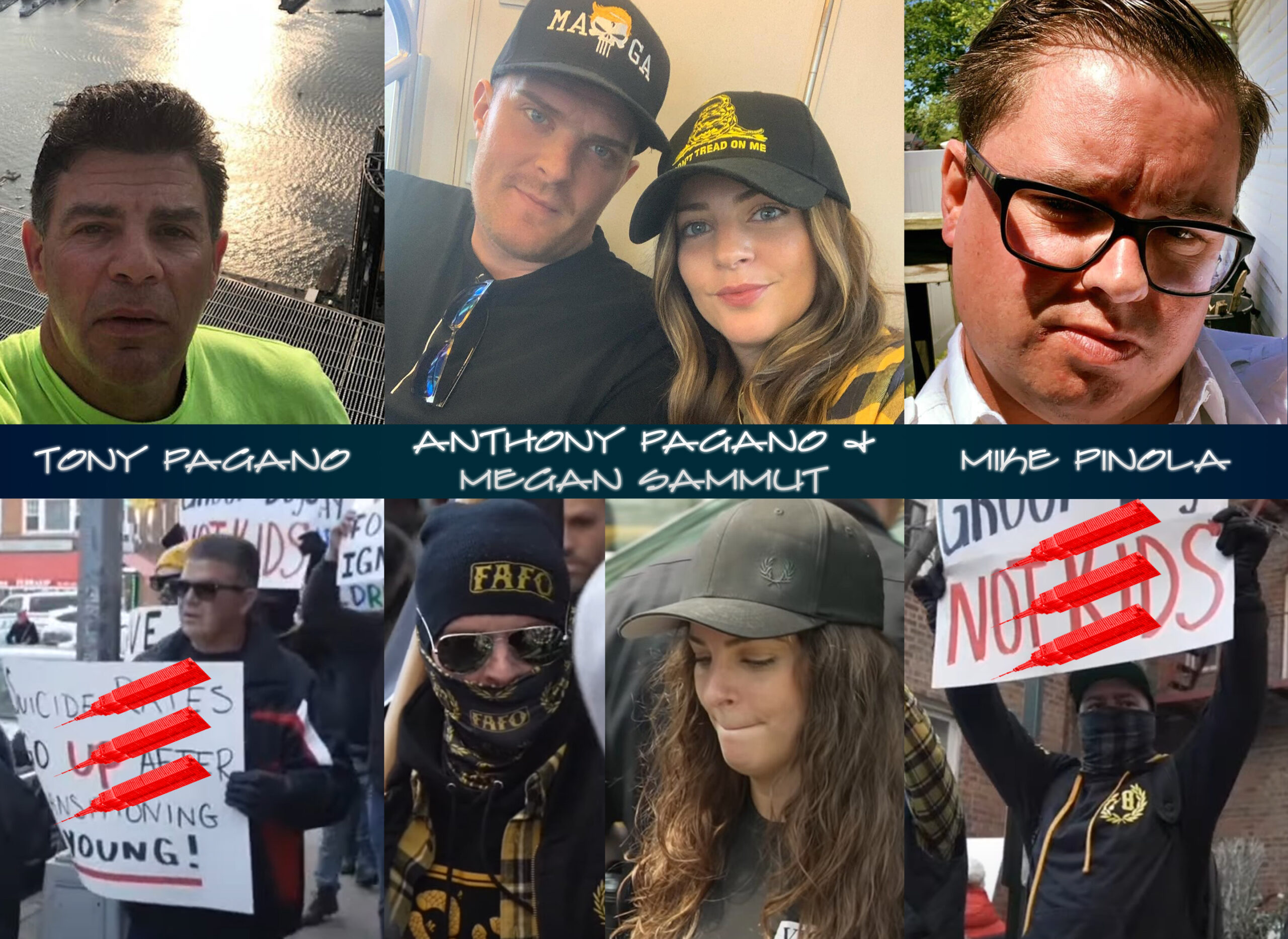 Photos of Tony (Sr.) and Anthony (Jr.) Pagano, Megan Sammut, and Mike Pinola with and without face coverings in personal photos and at protests.