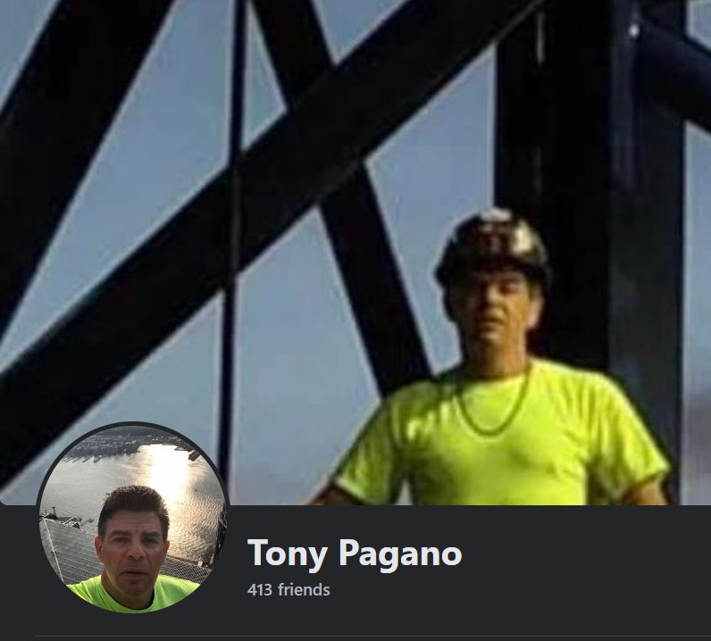 Facebook page of Tony Pagano. Cover photo shows him in a hard hat with structural iron/steel beams behind him.