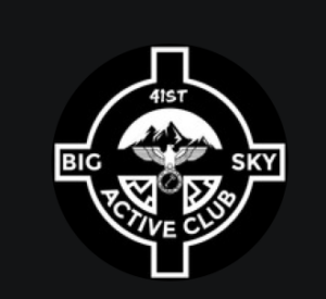 BSAC logo. It's a white celtic cross on a black background, with text "Big Sky Active Club" and "41st", with Nazi symbols including a sonnenrad and eagle.