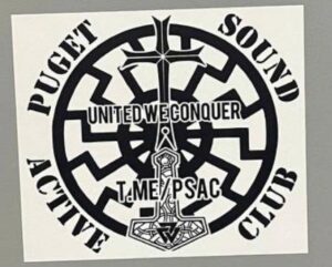 PSAC logo: Sonnenrad surround by the words "Puget Sound Active Club", and inside it says "United we conquer" and has a link to their telegram channel.