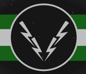 Vinland Rebels logo. Green and white stripes on a black background, with a black circle in the center an two stacked lightning bolts on either side.