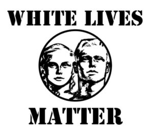 White Lives Matter (WLM) logo. Shows two white people in a circle.