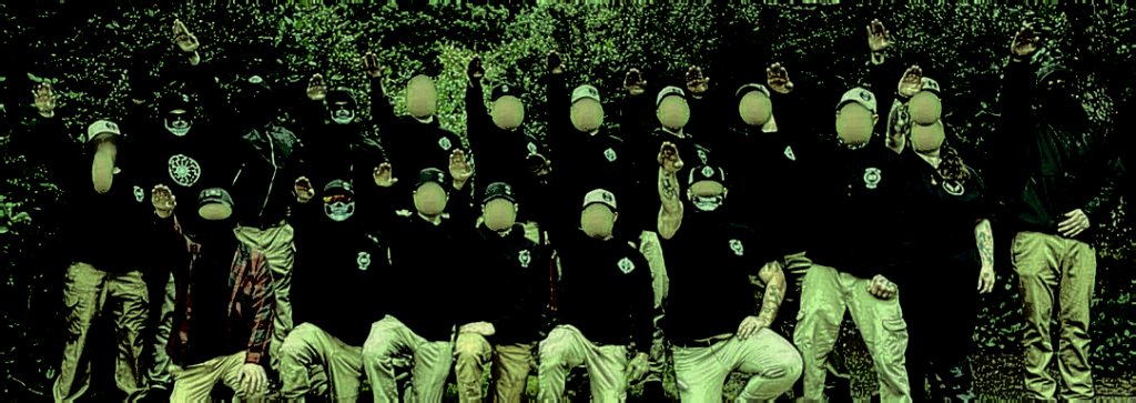 A group of 3N Nazis sieg heiling. A green tint has been applied to the image.